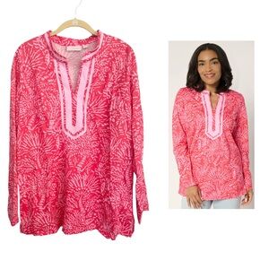 Bellisima by Kim Gravel Tropical Pink Cabana Knit Palm Trim Tunic Print Blouse L